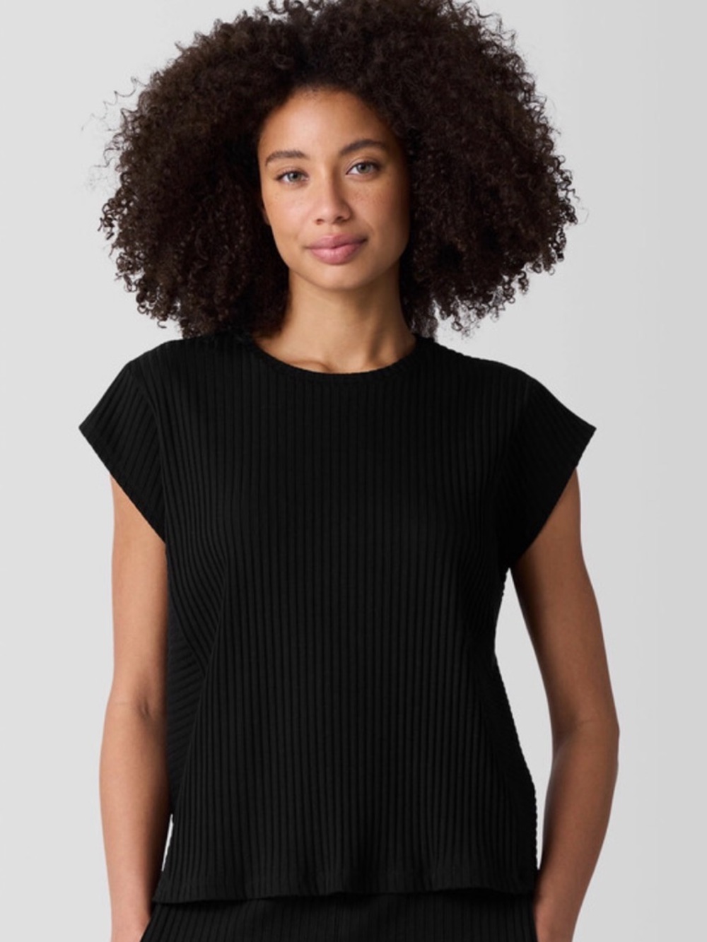 Eileen Fisher Women's XL Black Textured Stretch Rib Round Neck Top Short Sleeve